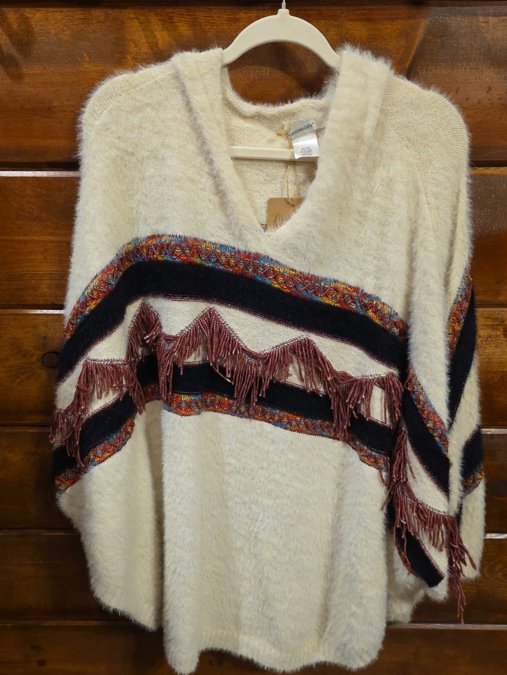 Cream Fringe Stripe V-Neck Women's Sweater Pancho